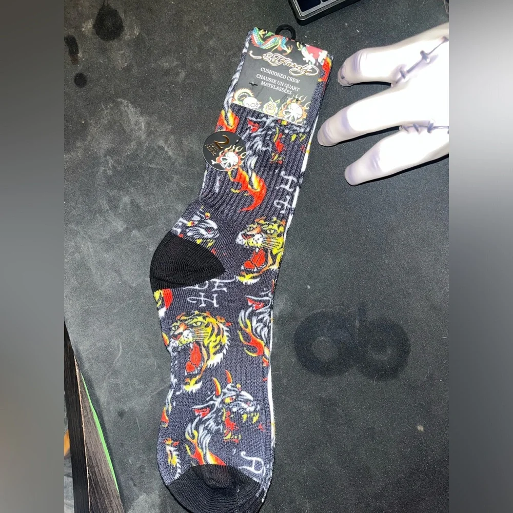 Ed Hardy Gray Crew Socks with Skull, Red Heart & Flame Graphics